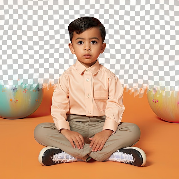 PSD south asian preschooler boy bowls with friends in apricot setting