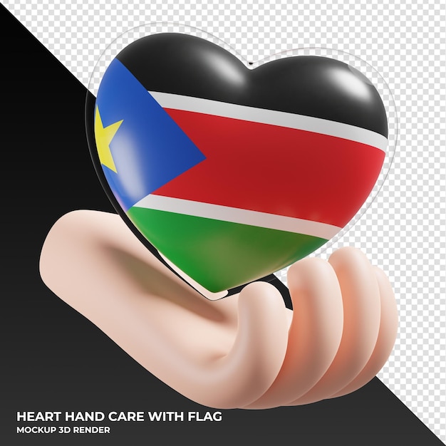 PSD south sudan flag with heart hand care realistic 3d textured