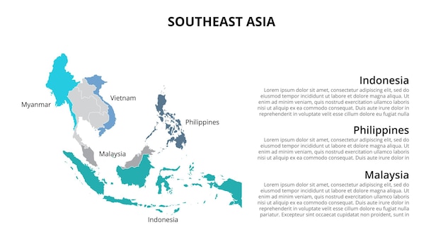 PSD modello infografico della mappa del sud-est asiatico diviso per paesi presentazione della diapositiva