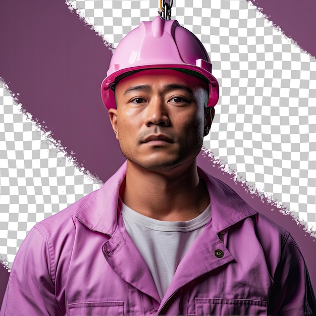 PSD southeast asian crane operator a profile of sadness and strength in dramatic lighting on lilac