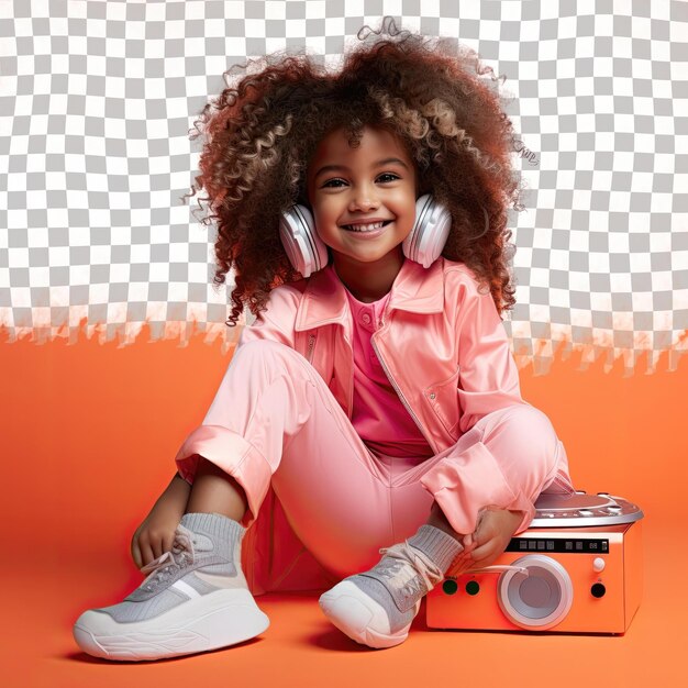 PSD southeast asian dj toddler grateful girl with wavy hair poses in dj attire one leg bent pastel coral background