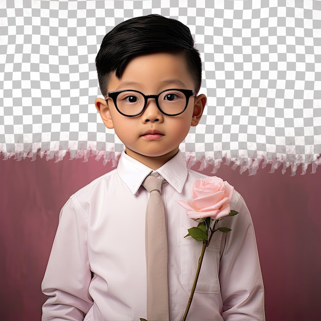 PSD Меланхоличный дошкольник из юго-восточной азии оптический мальчик в сцене пастельной розы