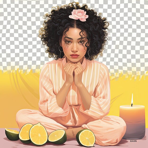 PSD southeast asian woman curly haired candle making thoughtful pose in pastel lemon setting