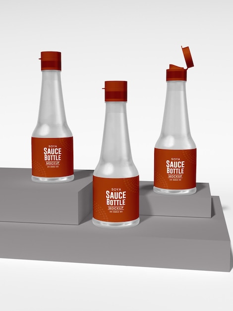 PSD mockup di imballaggio per bottiglia di vetro con salsa di soia