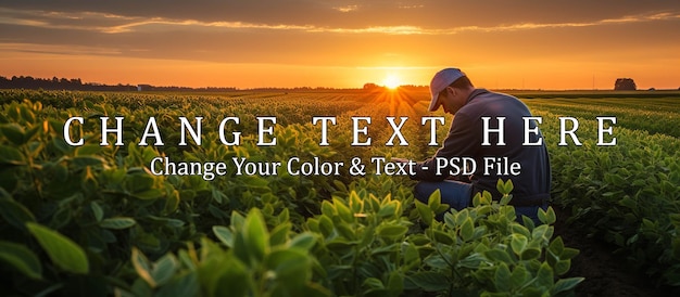 Soybean field examining crop at sunset