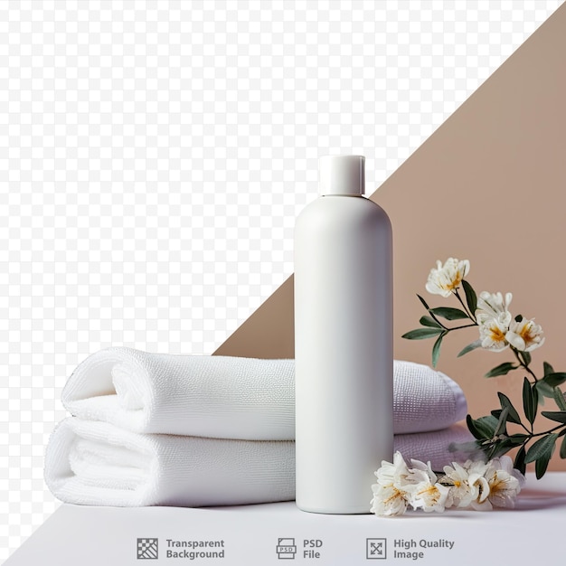 PSD cosmetici per spa con asciugamano e contenitore bianchi su sfondo trasparente