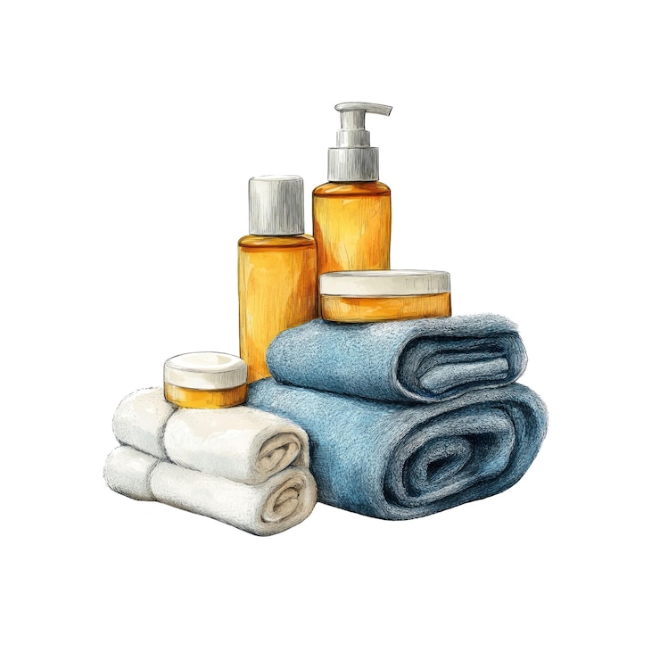 PSD spa day essentials watercolor illustration of towels lotion and cream