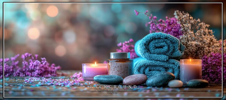 PSD spa treatment with towels stones candles and flowers
