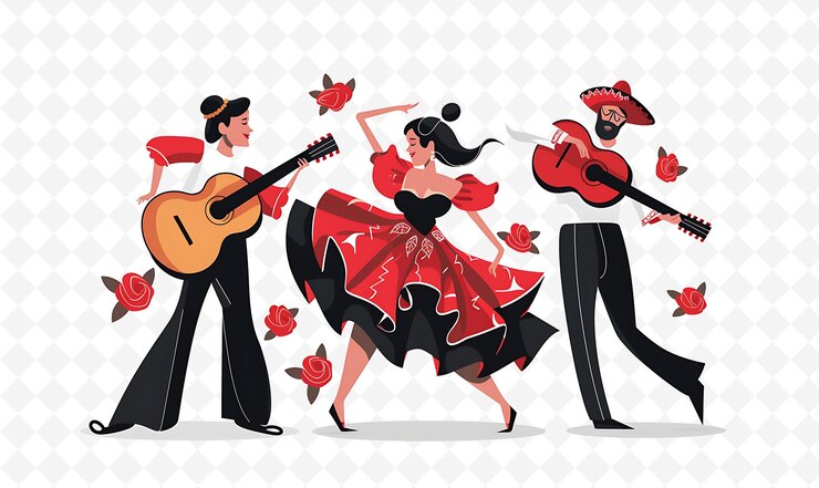 PSD spaanse personages dansen flamenco design is levendig en pa illustratie culturele landschap