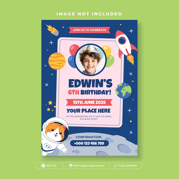 space birthday party invitation flyer template