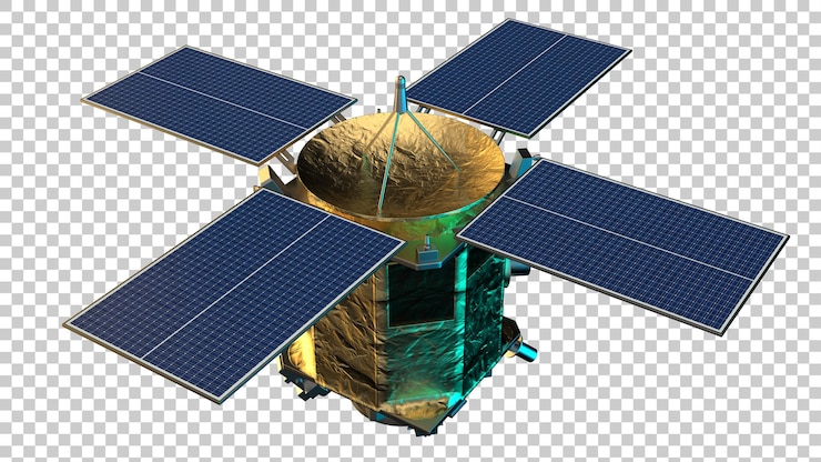 PSD space satellite orbiting in space on transparent background 3d rendering illustration