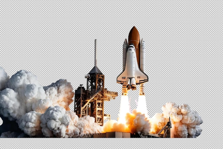PSD space shuttle launch with smoke and flames white background 4