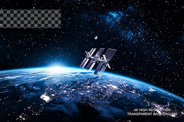 PSD a space station orbits earth with a blue planet and stars on a transparent background