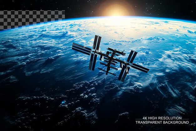 PSD a space station orbits earth with a blue planet and stars on a transparent background