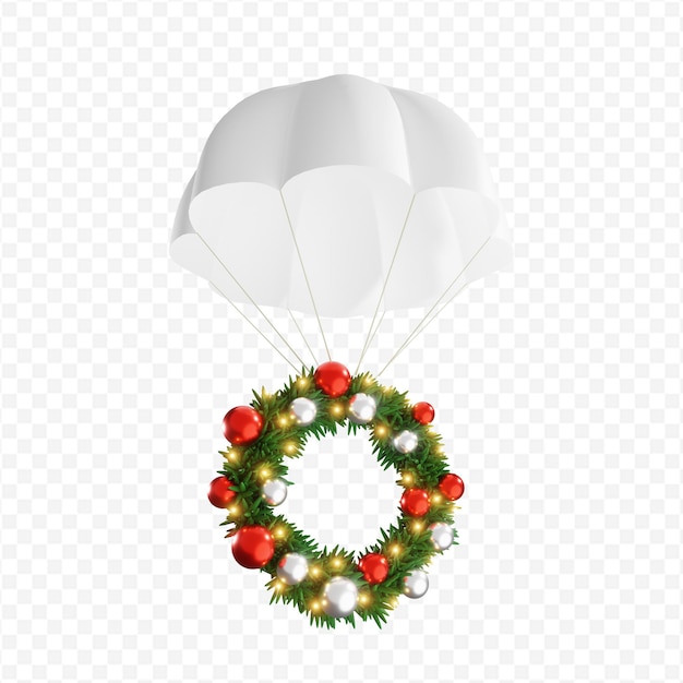 PSD spadochron 3d z świątecznym wieńcem na białym tle renderowania 3d