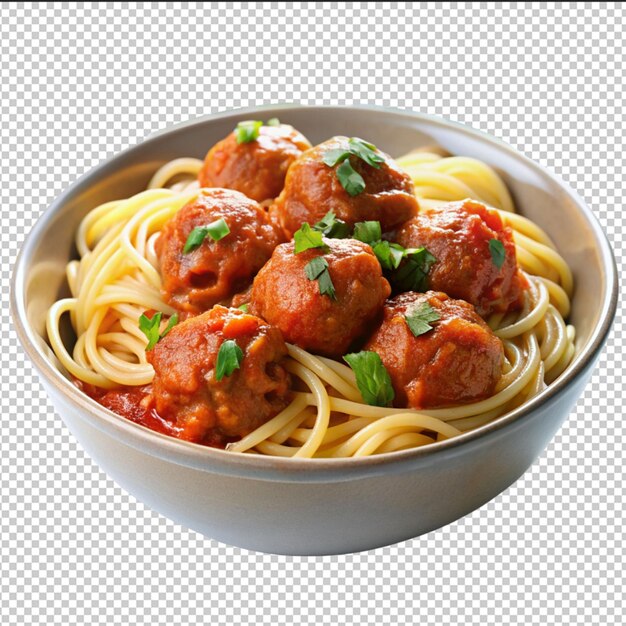 PSD spaghetti met gehaktballen en tomatensaus in een kom close-up op een doorzichtige achtergrond