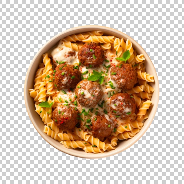 PSD spaghetti met gehaktballen en tomatensous in een kom close-up op een doorzichtige achtergrond