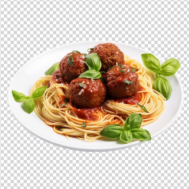 PSD spaghetti met gehaktballen op een witte plaat geïsoleerd op doorzichtig