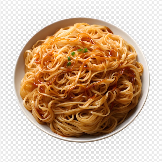 Spaghetti op een bord geïsoleerd op een transparante achtergrond van bovenaf generatieve ai