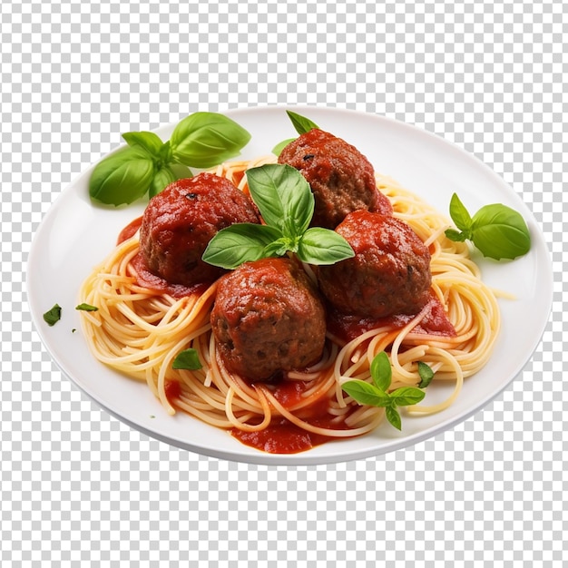 PSD Спагетти с мясными шариками на белой тарелке, изолированной на прозрачной пластине
