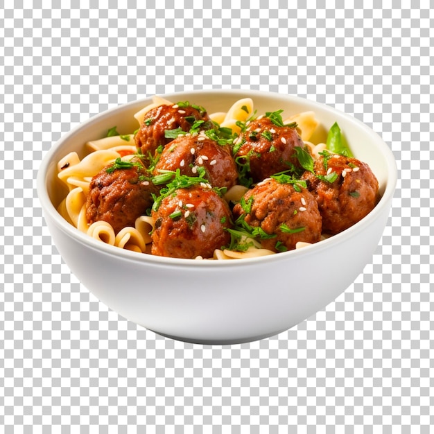 PSD spaghetti with meatballs and tomato sauce in bowl closeup shot isolated on a transparent background