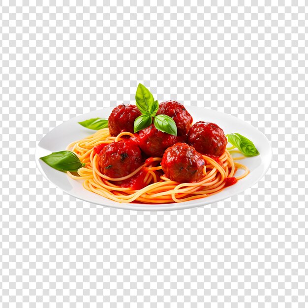 PSD spaghetti con polpette e salsa di pomodoro in una ciotola scattata da vicino isolata su uno sfondo trasparente