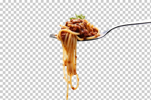 Spaghetti with sauce bolognese hanging on a fork isolated on transparent background png psd