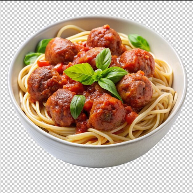Spaghetti Z Kulkami Mięsnymi I Sosem Pomidorowym W Misce, Zdjęcie Z Bliska Izolowane Na Przezroczystym Tle