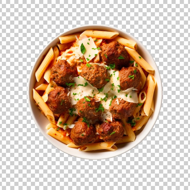 spaghetti z mięsnymi kulkami i sosem pomidorowym w misce, zdjęcie z bliska wyizolowane na przezroczystym tle