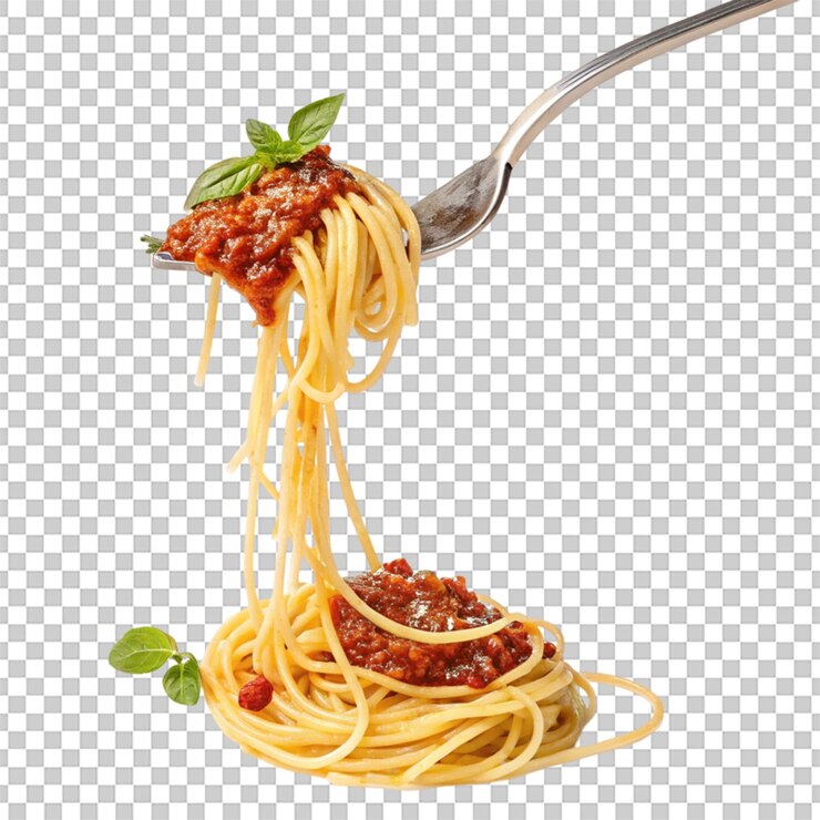 PSD spaghetti z sosem bolognańskim wiszące na widelcu izolowane na przezroczystym tle png psd