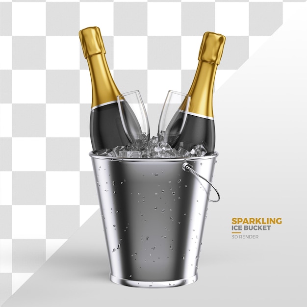 sparkling bottles in silver ice bucket isolated on transparent background