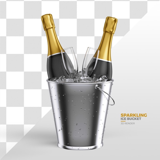 PSD sparkling bottles in silver ice bucket isolated on transparent background