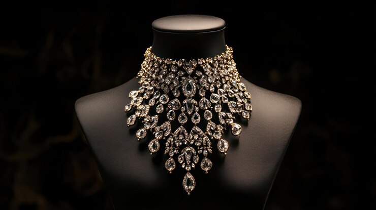 PSD sparkling diamond necklace on a black mannequin