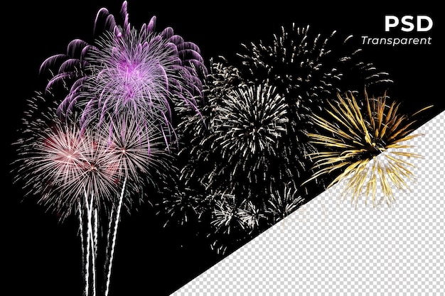 PSD fuochi d'artificio scintillanti che scoppiano in varie forme per celebrare e festeggiare l'anniversario del nuovo anno