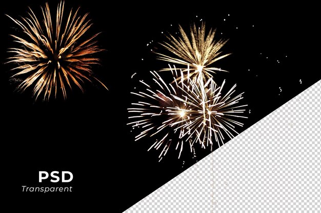 PSD fuochi d'artificio scintillanti che scoppiano in varie forme per celebrare e festeggiare l'anniversario del nuovo anno