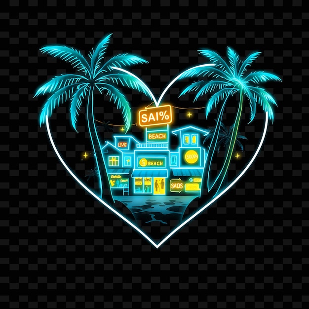 sparkling neon beach town inside a silhouette heart with neon outlined shops and glowing discount s