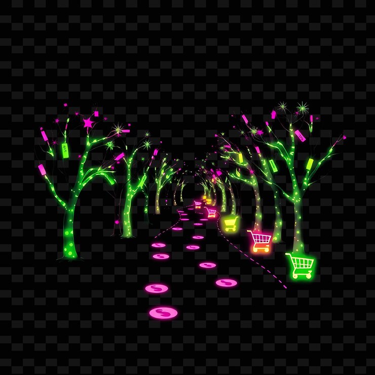 PSD sparkling neon forest path in a silhouette leaf trees decorated with discount signs and glowing tra