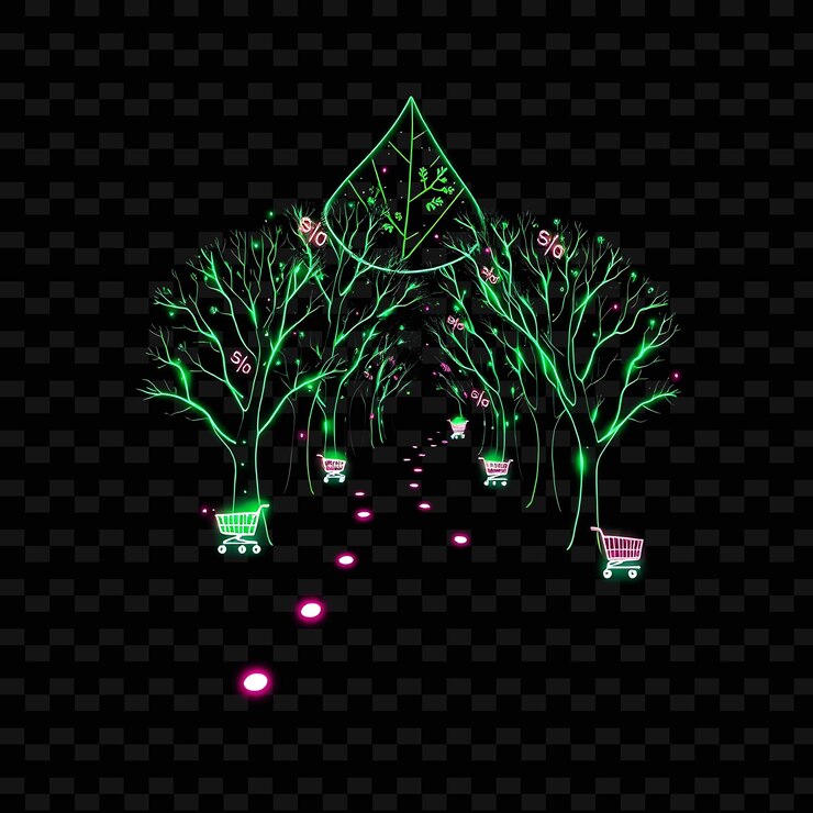 PSD sparkling neon forest path in a silhouette leaf trees decorated with discount signs and glowing tra
