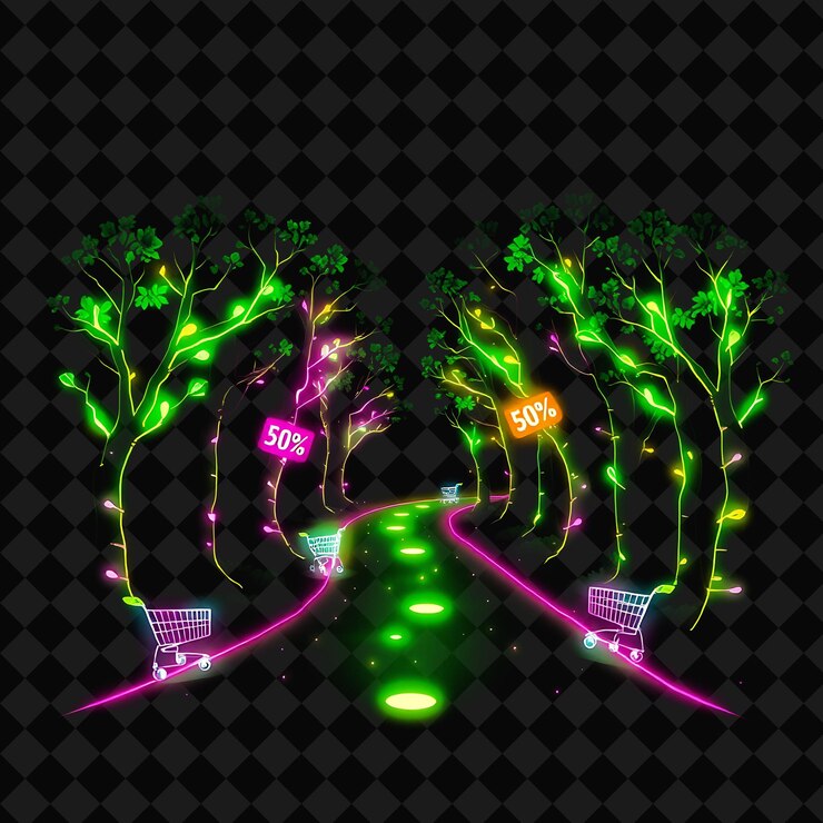 PSD sparkling neon forest path in a silhouette leaf trees decorated with discount signs and glowing tra