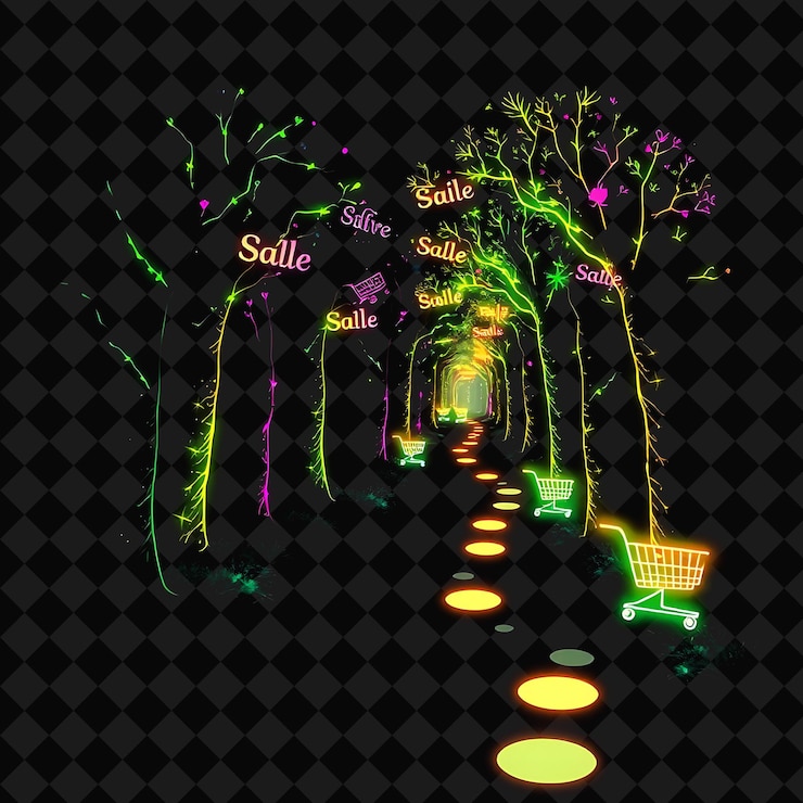 PSD sparkling neon forest path in a silhouette leaf trees decorated with discount signs and glowing tra