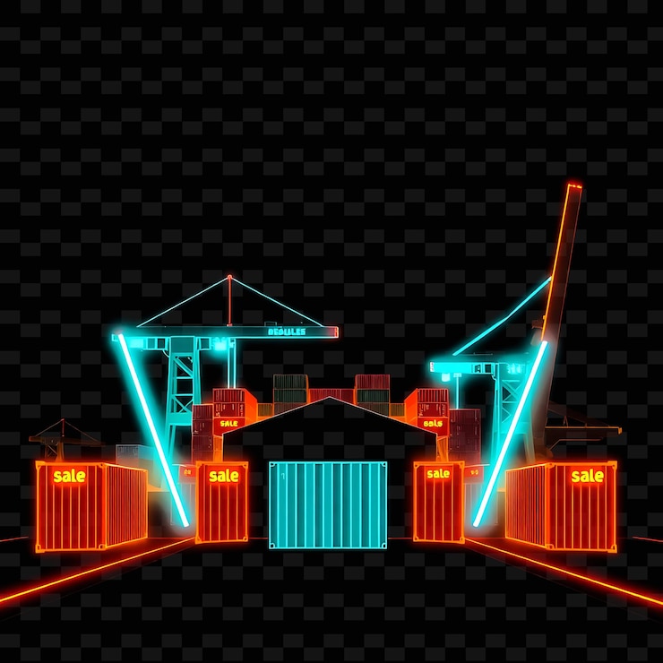 PSD sparkling neon industrial dock in a silhouette trapezoid with containers marked with glowing sale s