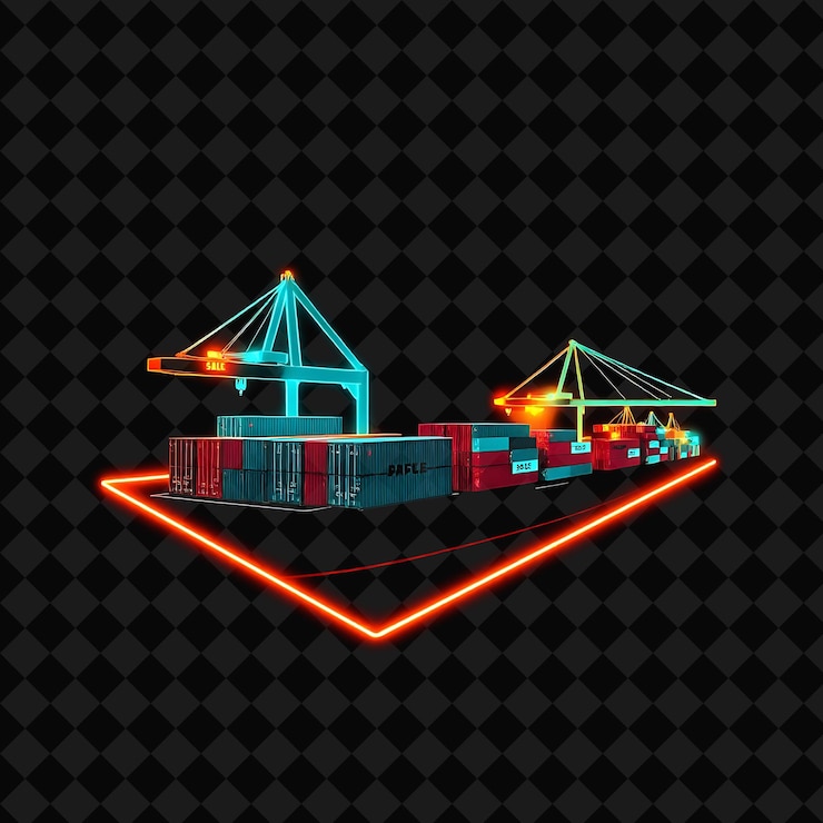 PSD sparkling neon industrial dock in a silhouette trapezoid with containers marked with glowing sale s