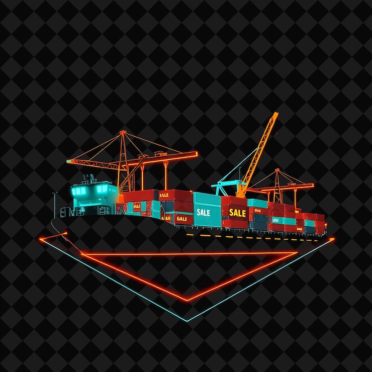 PSD sparkling neon industrial dock in a silhouette trapezoid with containers marked with glowing sale s