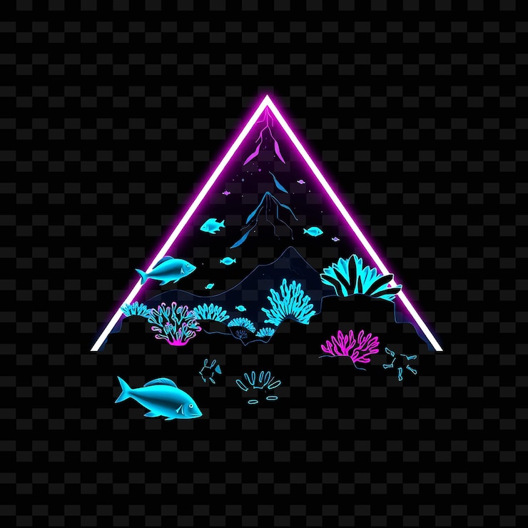 PSD sparkling neon ocean landscape in a silhouette triangle with glowing sale fish and neon lit coral r