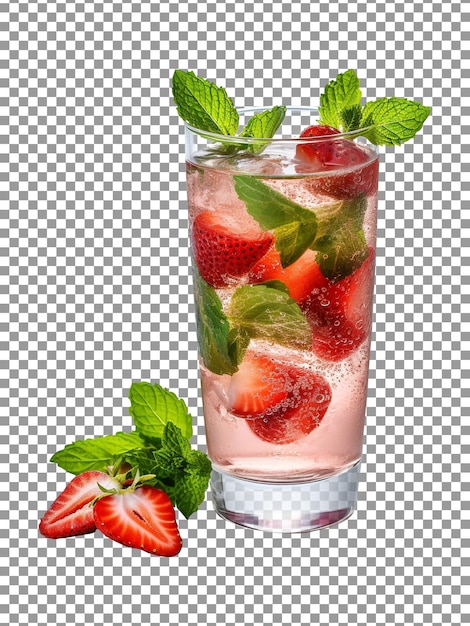 Acqua frizzante con fette di fragola e foglie di menta su sfondo trasparente