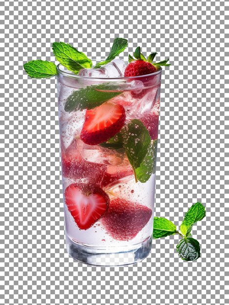 PSD acqua frizzante con fette di fragola e foglie di menta su sfondo trasparente