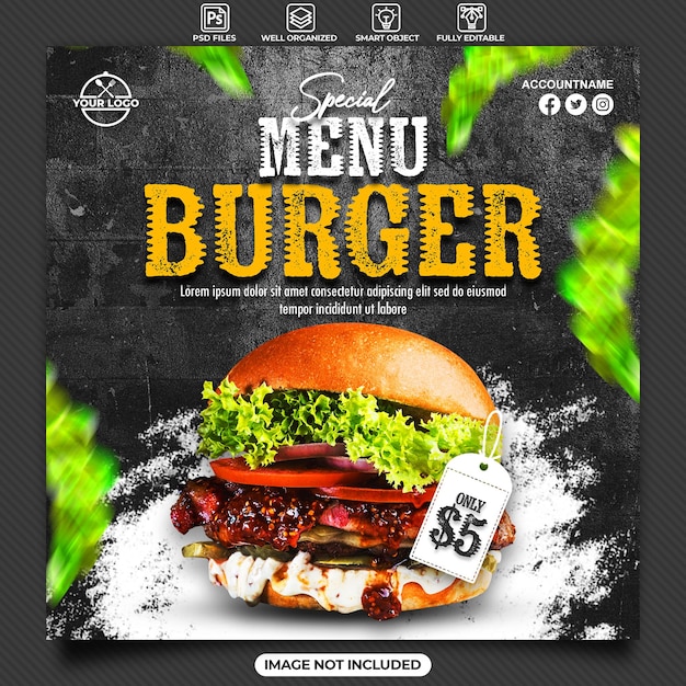 PSD speciaal menu burger social media postsjabloon