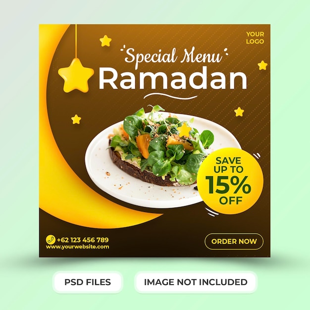 Speciaal menu islamitische ramadan social media postsjabloon met 3d-pictogram ster en maan premium psd