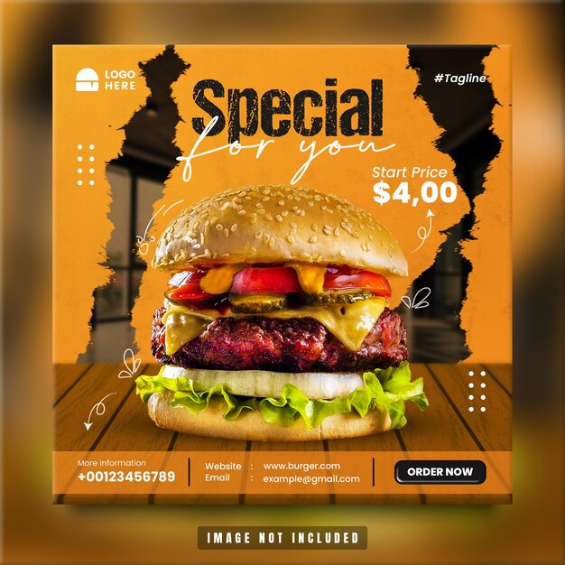 Специальная реклама ресторана Burger в социальных сетях и шаблон поста в Instagram Premium Psd