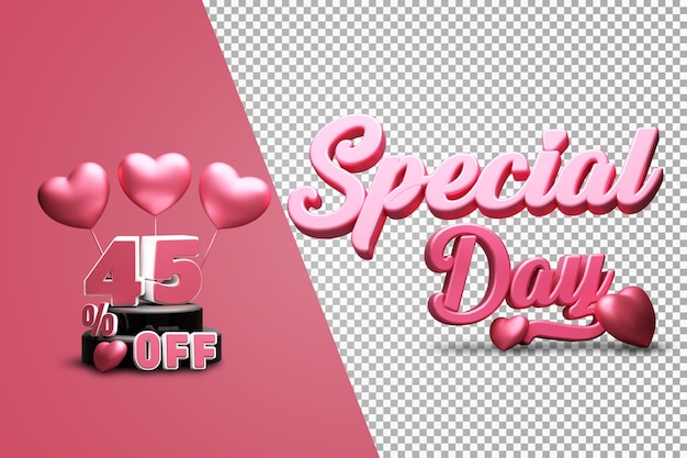 PSD giorno speciale 45 percento di sconto sul rendering 3d isolato con colore rosa